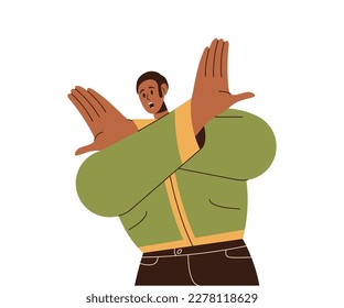 Emotional young man with dissatisfied face expression showing crossed hands stop gesture cartoon vector illustration isolated on white background. Non-verbal communication and negative emotion concept