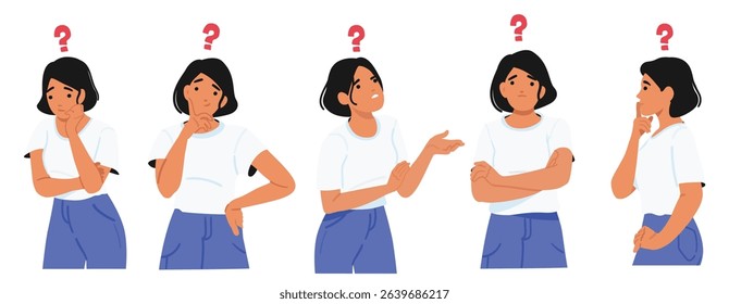 Emotional young woman cartoon character thinking showcasing puzzled facial expression suffering from annoyance, frustration and hesitation vector illustration isolated set on white background