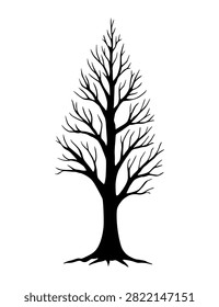 Emotionally stark tree silhouette against pristine empty background. Minimalist depiction of leafless tree illustrating solitude and enduring strength through skeletal branches