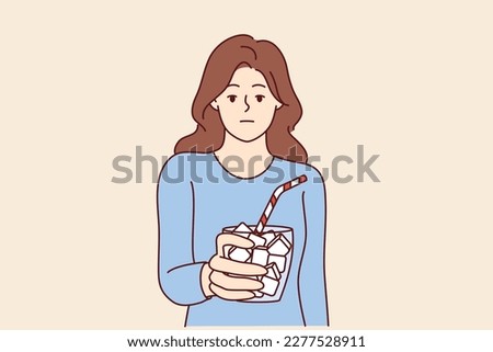 Emotionless girl holds glass full of sugar with straw symbolizing unhealthy nutrition leading to diabetes. Woman drinking drinks with too much sugar needs diet to avoid insulin problems  Stock photo © 