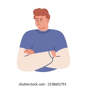 Emotionless person keeping poker face, neutral, unemotional, straight, blank expression. Indifferent calm serious man with no feelings. Flat graphic vector illustration isolated on white background