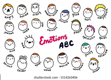 Emotions abc hand drawn vector illustration in cartoon comic style. People heads with different feelings types colorful alphabet lettering