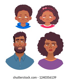 Emotions of african human. Facial expression. Head icon. Face vector illustration