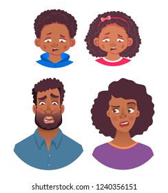 Emotions of african human. Facial expression. Head icon. Face vector illustration