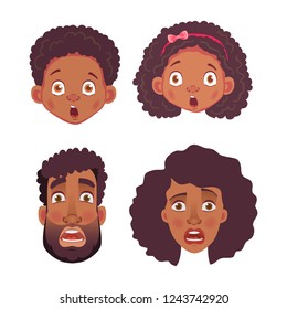 Emotions of african human. Facial expression. Head icon. Face vector illustration