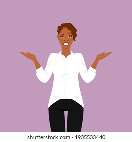 Emotions. Angry black girl with short hair in office clothes (white blouse and black trousers) throws up his hands in bewilderment and perplexity