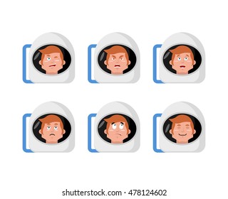 Emotions astronaut. Set expressions avatar spaceman. Good and evil. Surprise and fun. Sad and aggressive. Space helmet
