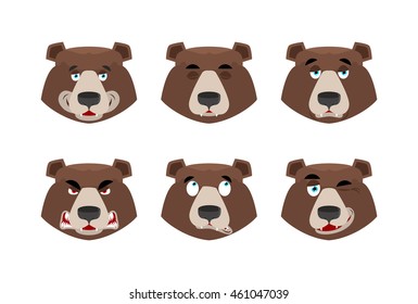 Emotions bear. Set expressions avatar grizzly. Animal good and evil. Beast discouraged and cheerful and winks