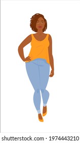 Emotions. Beautiful plus size black woman in casual clothes with dreadlocks standing with his hand on his belt. Full length, suitable for animation