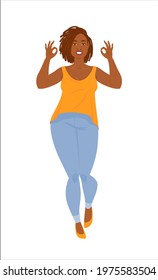 Emotions. Beautiful plus size black woman in casual clothes with dreadlocks shows that everything is okay - everything is fine. Full length, suitable for animation