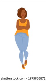 Emotions. Beautiful plus size black woman in casual clothes with dreadlocks crossed her arms. Full length, suitable for animation