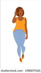 Emotions. Beautiful plus size black woman in casual clothes with dreadlocks shows that everything is okay - everything is fine. Full length, suitable for animation