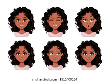 Emotions Of Beautiful Young African American Woman. Face Expressions Of Cute Lady. Vector Illustration.