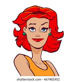 emotions of a beautiful young redhead woman, happy, portrait, funny character, comicbook style, vector illustration