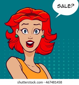 emotions of a beautiful young redhead woman, happy, portrait, funny character, comicbook style, sale, surprice, vector illustration