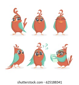 Emotions bird. Vector set of cartoon images of funny red birds, with various emotions and actions on a white background. Vector illustration of birds.