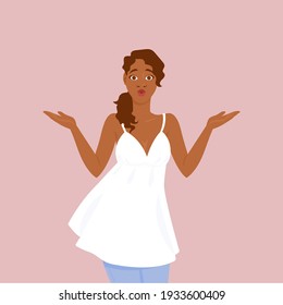 Emotions. A black girl with long curly hair and wide open eyes shrugs in confusion