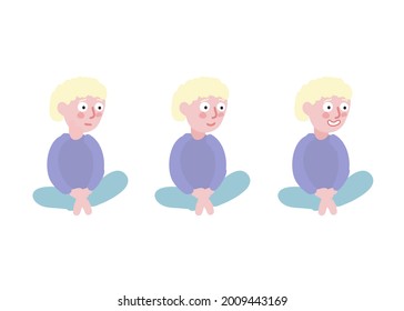 Emotions of the boy set joy, sadness, smile. Sits on his haunches. Vector illustration.