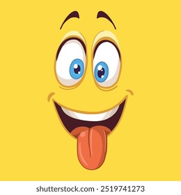 Emotions cartoon. Cartoon face with big round blue eyes and big mouth with protruding tongue. Smile, happiness, joy, delicious.