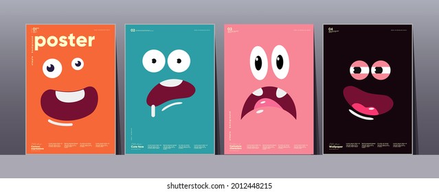 Emotions, cartoon faces, funny monsters.  Set of vector illustrations. Simple background pictures, perfect for posters, banners, t-shirt print, desktop wallpaper.