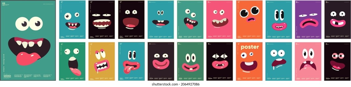 Emotions, cartoon faces, funny monsters. Mega collection of posters. Big Set of vector illustrations. Simple background pictures, perfect for posters, banners, t-shirt print, desktop wallpaper.