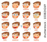 Emotions. Cartoon facial expressions set. ( natural, calm, resentful, playful, frightened, sad, satisfied, ailing, thoughtful, jolly, crying, angry, funny, enamored, astonished, laughing ) Hand-drawn