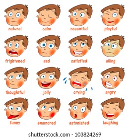 Emotions. Cartoon facial expressions set. ( natural, calm, resentful, playful, frightened, sad, satisfied, ailing, thoughtful, jolly, crying, angry, funny, enamored, astonished, laughing ) Hand-drawn