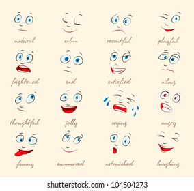 Emotions. Cartoon facial expressions set. ( natural, calm, resentful, playful, frightened, sad, satisfied, ailing, thoughtful, jolly, crying, angry, funny, enamored, astonished, laughing ) vector