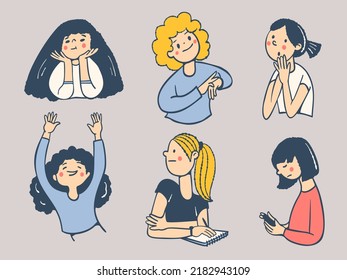 Emotions of a cartoon girls. Vector illustration in cartoon style.