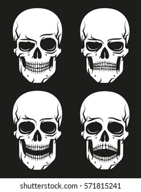 Emotions cartoon skull on a black background - smile, anger, joy, fear. Vector illustration.