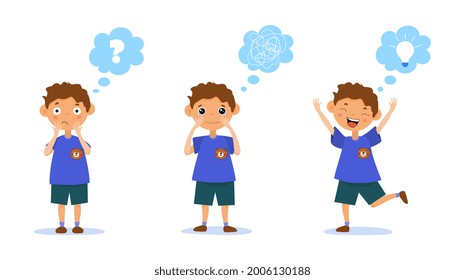 Emotions of child concept. The surprised boy asks survey, the boy is confused and crying, the boy has come up withmnew idea. Cartoon modern flat vector illustration set isolated on a white background