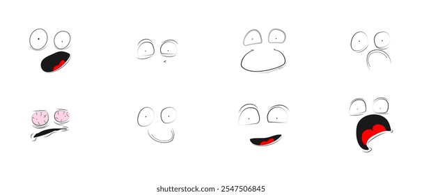 Emotions. Collection of sketch-style eye memes. Emojis for creating stickers, prints.