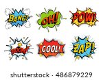 Emotions for comics speech bubble bang and cool, oh or ooh. Onomatopoeia clouds for explosions like boom, punches - pow, cool with stars and zap with lightning. For cartoons and speech bubble
