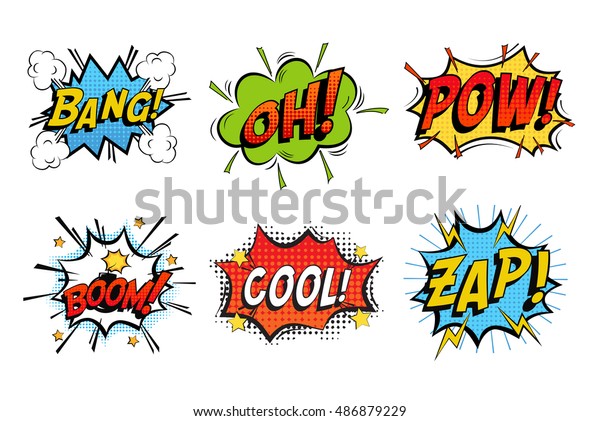 Emotions for comics speech bubble bang and cool,
oh or ooh. Onomatopoeia clouds for explosions like boom, punches -
pow, cool with stars and zap with lightning. For cartoons and
speech bubble
