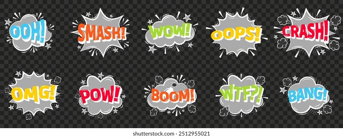 Emociones para la burbuja del discurso de los cómics, fijada con el texto: Bang y Smash, Wtf y Omg, Boom y más. Explosiones de dibujos animados de Vector con diferentes emociones.