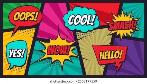 Emociones para la burbuja del discurso de los cómics, fijada con el texto. Explosiones de dibujos animados de Vector con diferentes emociones