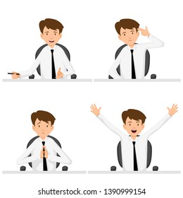 Emotions of communication plea, charm, joy. Businessman, manager, consultant at work. The man in the chair at the table. Flat design vector illustration.