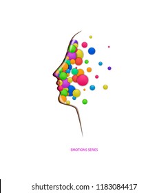 emotions concept,  fulling  heads with colored rounds, inner happiness, vector