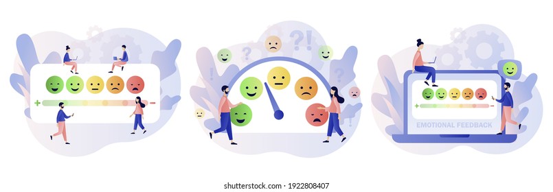 Emotions concept. Mood scale with arrow from green to red. Tiny people leave feedback. Emoji set for mood tracker. Excellent, good and normal, bad and awful. Modern flat cartoon style. Vector