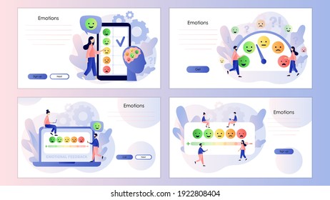 Concepto de emociones. Escala de ánimo. Las pequeñas personas dejan sus comentarios. Emoji se puso a punto para el rastreador del estado de ánimo. Plantilla de pantalla para teléfono móvil inteligente, página de inicio, plantilla, ui, web, aplicación móvil, afiche, banner, volante. Vector