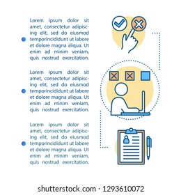 Emotions control article page vector template. Tests, choice, resume, remote work search, making mistakes, feeling. Brochure design element with linear icons, text. Concept illustrations, text space