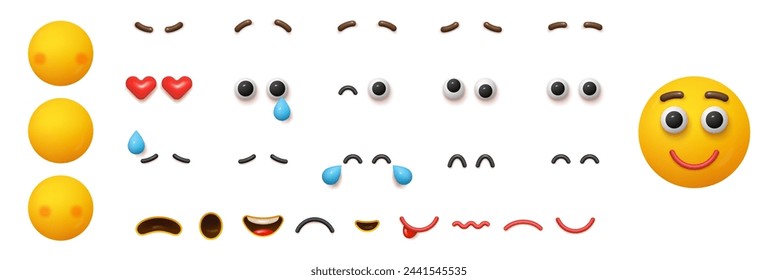 Creación, construcción o edición de emociones. Vector avatar aislado o mascota con expresión facial, cejas y ojos, lágrimas y sensación de risa. Expresión de emoción para los medios sociales