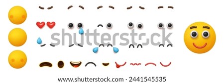 Emotions creation, construction or editor. Vector isolated avatar or mascot with facial expression, brows and eyes, tears and laughter feeling. Expression of emotion for social media