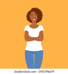 Emotions. Cute and smiling young black woman in casual clothes with hair in Afro style crossed her arms. Suitable for animation