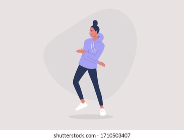 Emotions expression, young female character dancing at the party, millennial lifestyle