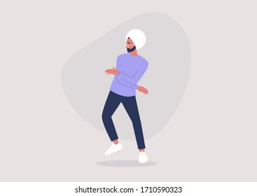 Emotions expression, young indian male character dancing at the party, millennial lifestyle