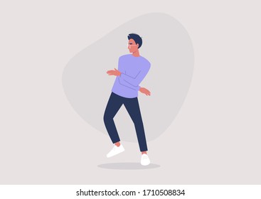 Emotions expression, young male character dancing at the party, millennial lifestyle