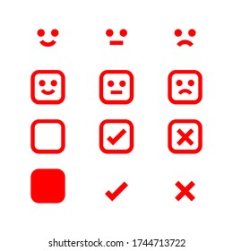emotions face red icon, emotional symbol and approval check sign button, red emotions faces and check mark x or confirm and deny, button white flat for apps, red icons checkmark, vector