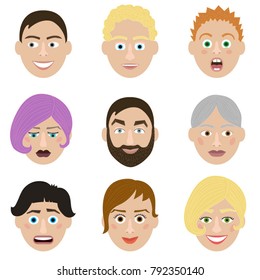 Emotions faces characters. Vector Illustration trendy flat design for web and printed materials.