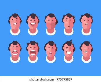 Emotions faces man. Joy and anger, surprise and sadness. Vector illustration